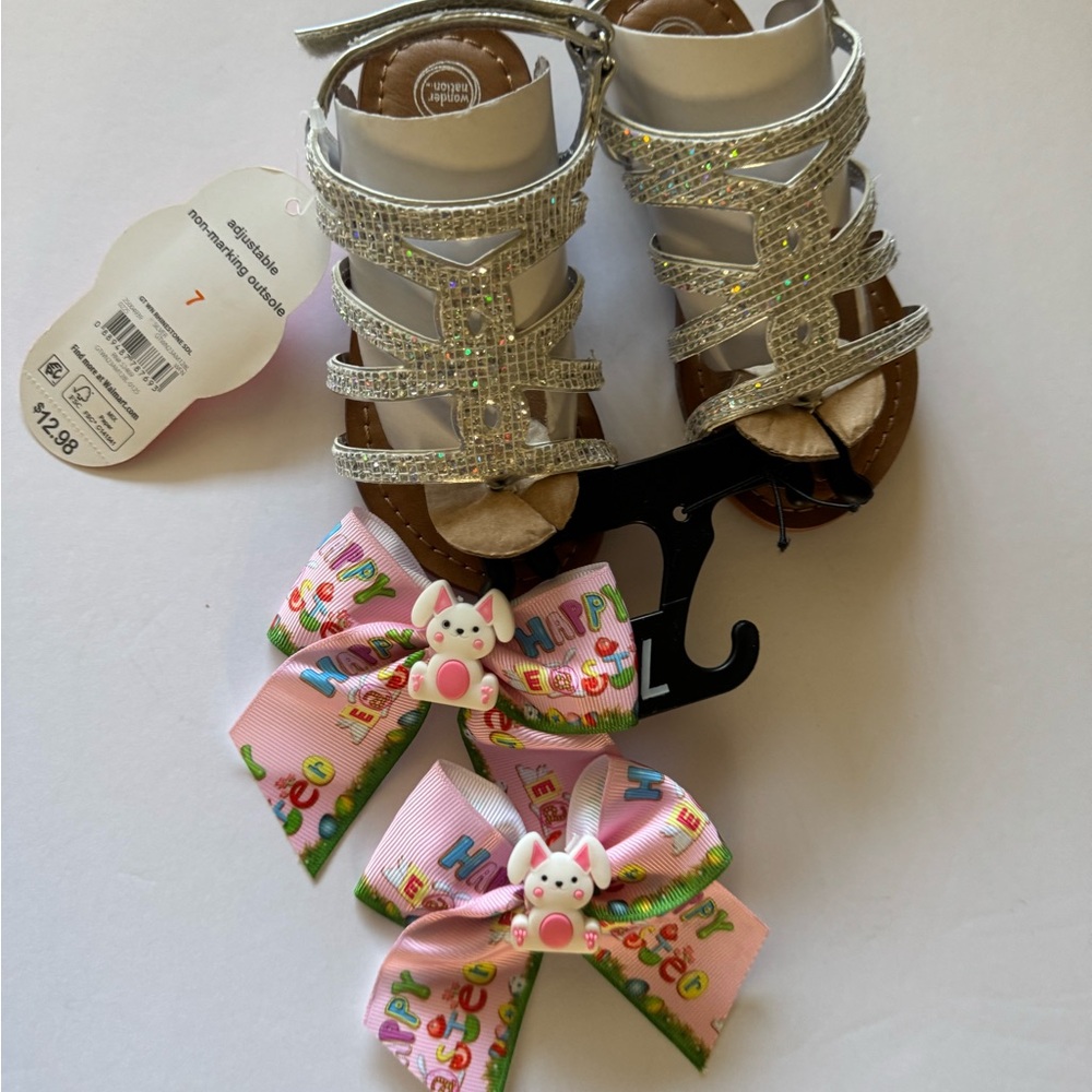 wonder nation Silver Glitter Strappy Sandals with Pink Bunny Hair Bows